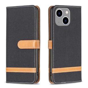 For iPhone 15 Plus Color Block Denim Texture Leather Phone Case(Black)