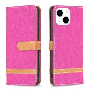 For iPhone 15 Color Block Denim Texture Leather Phone Case(Rose Red)