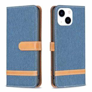 For iPhone 15 Color Block Denim Texture Leather Phone Case(Dark Blue)