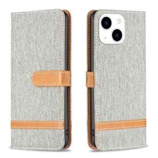 For iPhone 15 Color Block Denim Texture Leather Phone Case(Grey)