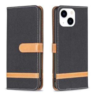 For iPhone 15 Color Block Denim Texture Leather Phone Case(Black)