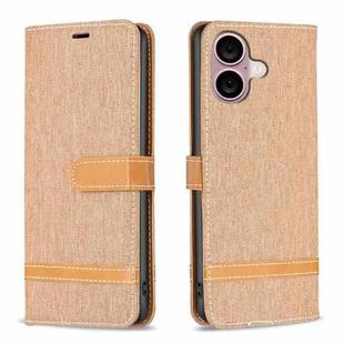 For iPhone 16 Color Block Denim Texture Leather Phone Case(Brown)