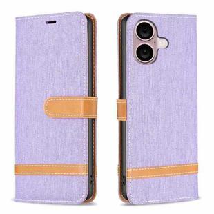 For iPhone 16 Color Block Denim Texture Leather Phone Case(Purple)