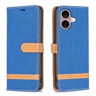 For iPhone 16 Color Block Denim Texture Leather Phone Case(Royal Blue)