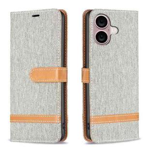 For iPhone 16 Color Block Denim Texture Leather Phone Case(Grey)