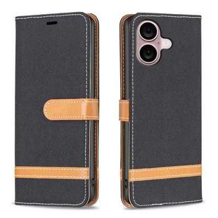 For iPhone 16 Color Block Denim Texture Leather Phone Case(Black)