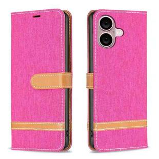 For iPhone 16 Plus Color Block Denim Texture Leather Phone Case(Rose Red)