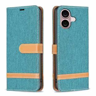 For iPhone 16 Plus Color Block Denim Texture Leather Phone Case(Green)