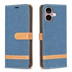 For iPhone 16 Plus Color Block Denim Texture Leather Phone Case(Dark Blue)