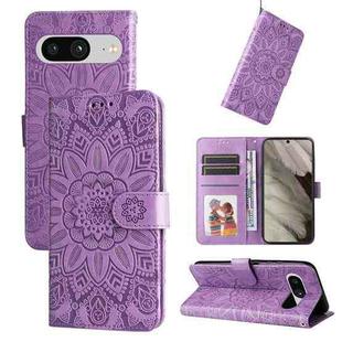 For Google Pixel 8 Embossed Sunflower Leather Phone Case(Purple)
