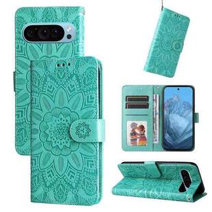 For Google Pixel 9 Embossed Sunflower Leather Phone Case(Green)