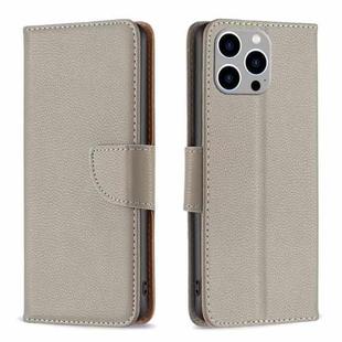 For iPhone 15 Pro Max Litchi Texture Pure Color Flip Leather Phone Case(Grey)