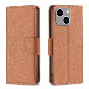 For iPhone 15 Plus Litchi Texture Pure Color Flip Leather Phone Case(Brown)