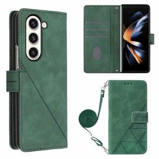 For Samsung Galaxy Z Fold5 5G Crossbody 3D Embossed Flip Leather Phone Case(Dark Green)