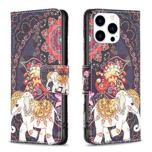 For iPhone 15 Pro Colored Drawing Pattern Flip Leather Phone Case(Flowers Elephant)