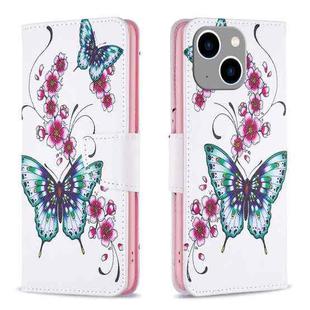 For iPhone 15 Plus Colored Drawing Pattern Flip Leather Phone Case(Flowers Butterfly)