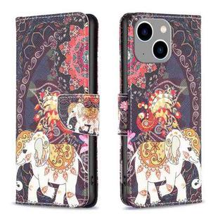 For iPhone 15 Plus Colored Drawing Pattern Flip Leather Phone Case(Flowers Elephant)