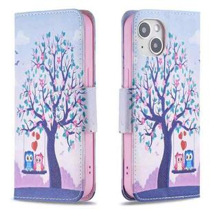 For iPhone 15 Colored Drawing Pattern Flip Leather Phone Case(Owl)