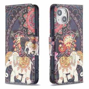 For iPhone 15 Colored Drawing Pattern Flip Leather Phone Case(Flowers Elephant)