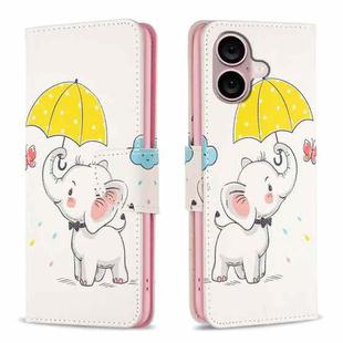 For iPhone 16 Colored Drawing Pattern Flip Leather Phone Case(Umbrella Elephant)