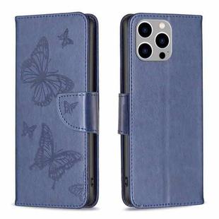 For iPhone 15 Pro Max Embossing Two Butterflies Pattern Leather Phone Case(Blue)