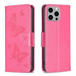 For iPhone 15 Pro Max Embossing Two Butterflies Pattern Leather Phone Case(Rose Red)