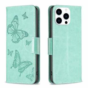 For iPhone 15 Pro Embossing Two Butterflies Pattern Leather Phone Case(Green)