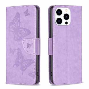 For iPhone 15 Pro Embossing Two Butterflies Pattern Leather Phone Case(Purple)