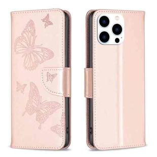 For iPhone 15 Pro Embossing Two Butterflies Pattern Leather Phone Case(Rose Gold)