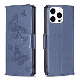 For iPhone 15 Pro Embossing Two Butterflies Pattern Leather Phone Case(Blue)