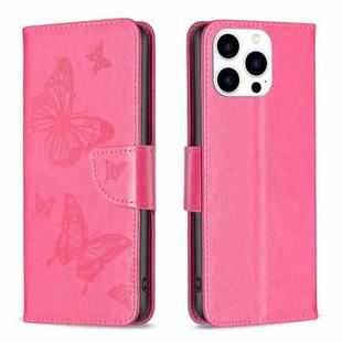 For iPhone 15 Pro Embossing Two Butterflies Pattern Leather Phone Case(Rose Red)