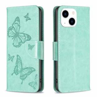 For iPhone 15 Embossing Two Butterflies Pattern Leather Phone Case(Green)