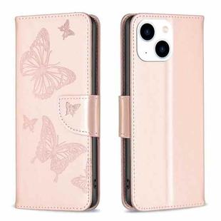 For iPhone 15 Embossing Two Butterflies Pattern Leather Phone Case(Rose Gold)