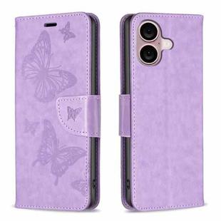 For iPhone 16 Embossing Two Butterflies Pattern Leather Phone Case(Purple)