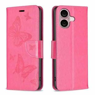 For iPhone 16 Embossing Two Butterflies Pattern Leather Phone Case(Rose Red)