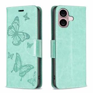 For iPhone 16 Plus Embossing Two Butterflies Pattern Leather Phone Case(Green)