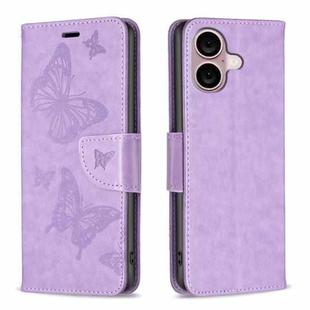 For iPhone 16 Plus Embossing Two Butterflies Pattern Leather Phone Case(Purple)