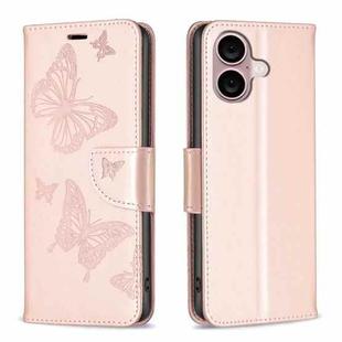 For iPhone 16 Plus Embossing Two Butterflies Pattern Leather Phone Case(Rose Gold)