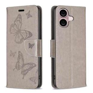 For iPhone 16 Plus Embossing Two Butterflies Pattern Leather Phone Case(Grey)