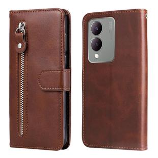 For vivo Y17s Fashion Calf Texture Zipper Leather Phone Case(Brown)
