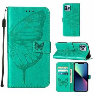 For iPhone 15 Pro Max Embossed Butterfly Leather Phone Case(Green)