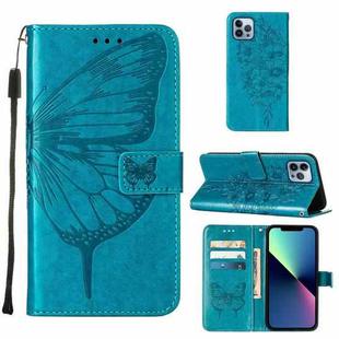For iPhone 15 Pro Embossed Butterfly Leather Phone Case(Blue)