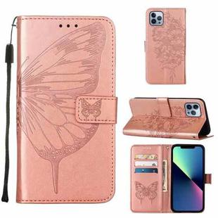 For iPhone 15 Pro Embossed Butterfly Leather Phone Case(Rose Gold)