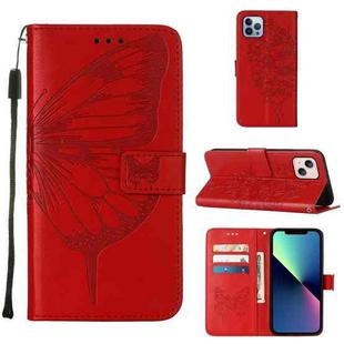 For iPhone 15 Plus Embossed Butterfly Leather Phone Case(Red)