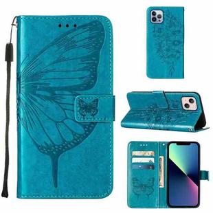 For iPhone 15 Plus Embossed Butterfly Leather Phone Case(Blue)