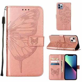 For iPhone 15 Plus Embossed Butterfly Leather Phone Case(Rose Gold)