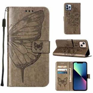 For iPhone 15 Plus Embossed Butterfly Leather Phone Case(Grey)