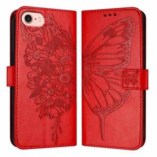 For iPhone SE 2024 Embossed Butterfly Leather Phone Case(Red)