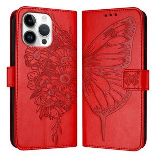 For iPhone 16 Pro Max Embossed Butterfly Leather Phone Case(Red)