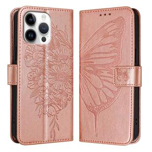 For iPhone 16 Pro Max Embossed Butterfly Leather Phone Case(Rose Gold)